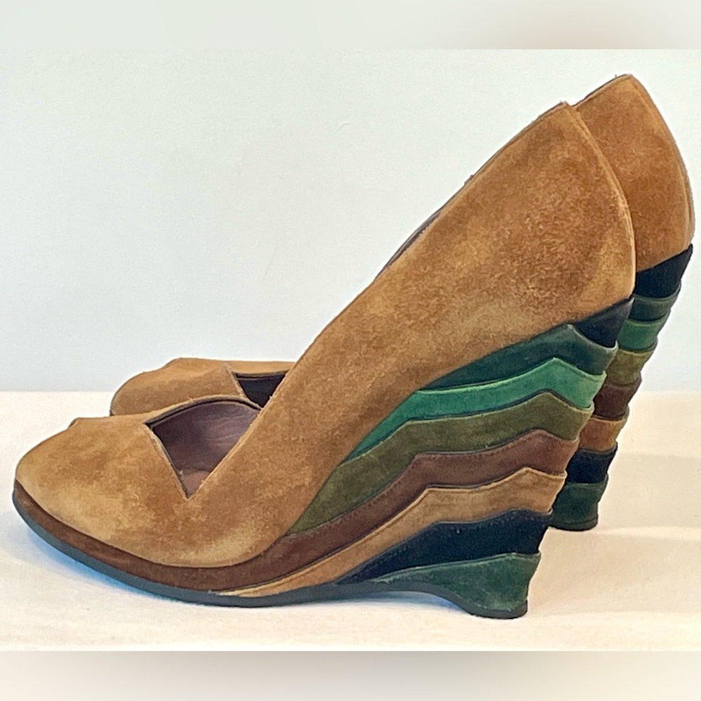 Miu Miu Suede wedges, amazing multicolor wave heel, tan,green,brown, 37, EUC